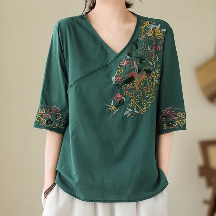 Camiseta de algodón de media manga para mujer con diseño de cuello en V y diseño de Buddha Stones , informal, con bordado colorido, plantas y pájaros - image 4