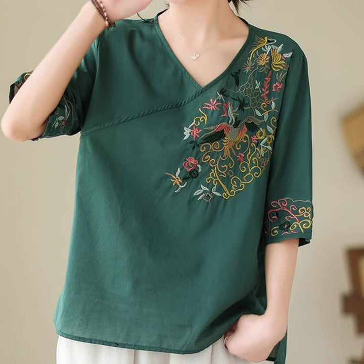 Camiseta de algodón de media manga para mujer con diseño de cuello en V y diseño de Buddha Stones , informal, con bordado colorido, plantas y pájaros - image 2