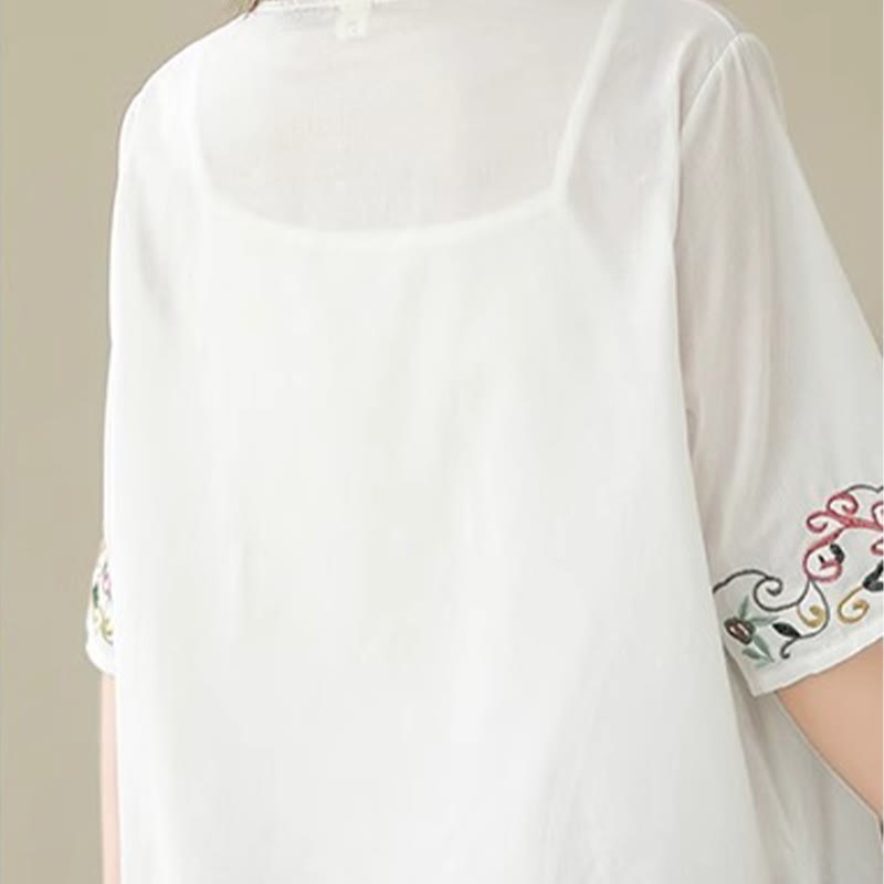Camiseta de algodón de media manga para mujer con diseño de cuello en V y diseño de Buddha Stones , informal, con bordado colorido, plantas y pájaros - image 8