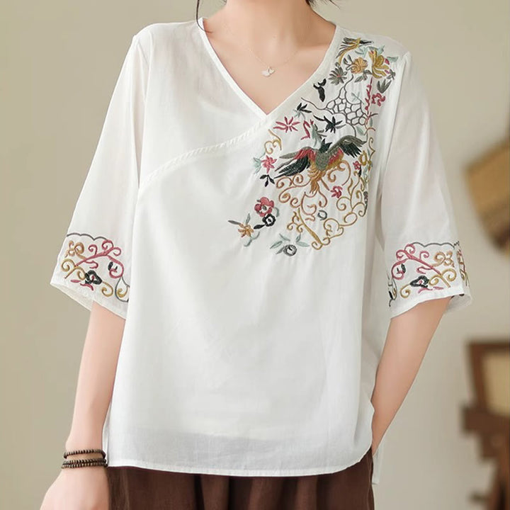 Camiseta de algodón de media manga para mujer con diseño de cuello en V y diseño de Buddha Stones , informal, con bordado colorido, plantas y pájaros - Blanco - US12, UK/AU16, EU44 (3XL) - image 5