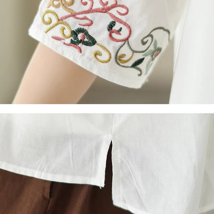 Camiseta de algodón de media manga para mujer con diseño de cuello en V y diseño de Buddha Stones , informal, con bordado colorido, plantas y pájaros - image 9