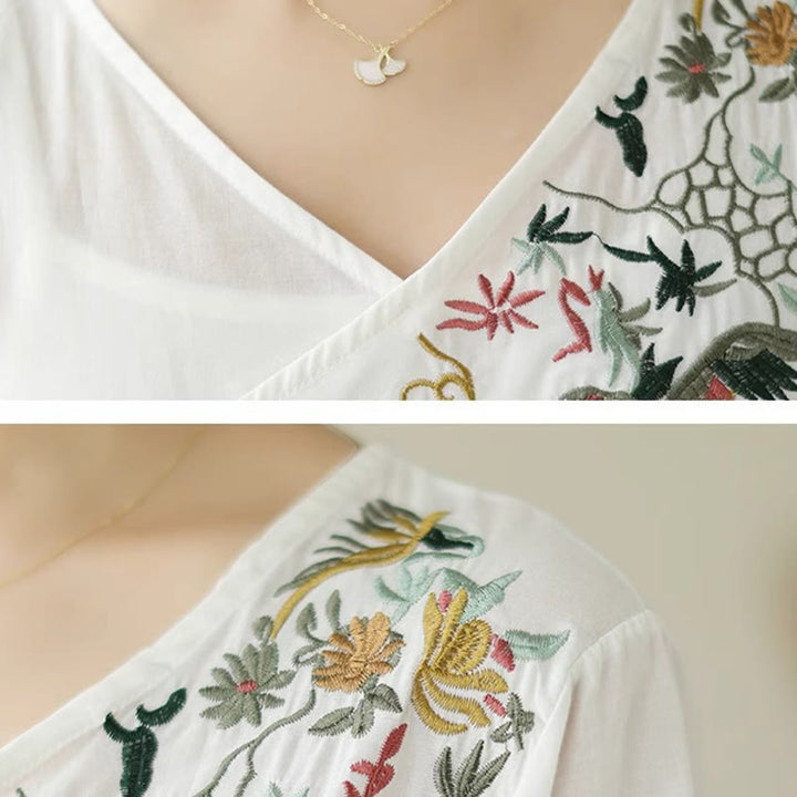 Camiseta de algodón de media manga para mujer con diseño de cuello en V y diseño de Buddha Stones , informal, con bordado colorido, plantas y pájaros - image 10