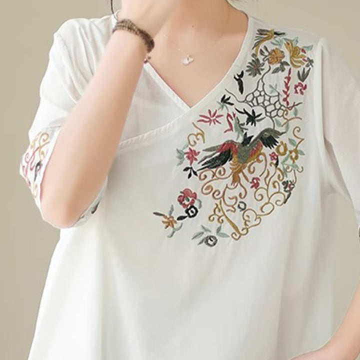 Camiseta de algodón de media manga para mujer con diseño de cuello en V y diseño de Buddha Stones , informal, con bordado colorido, plantas y pájaros - image 7