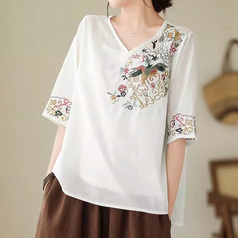 Camiseta de algodón de media manga para mujer con diseño de cuello en V y diseño de Buddha Stones , informal, con bordado colorido, plantas y pájaros - image 6