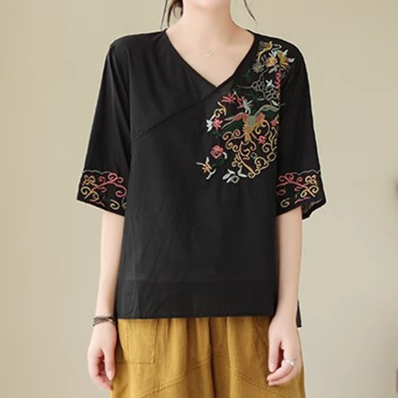 Camiseta de algodón de media manga para mujer con diseño de cuello en V y diseño de Buddha Stones , informal, con bordado colorido, plantas y pájaros - Negro - US12, UK/AU16, EU44 (3XL) - image 11