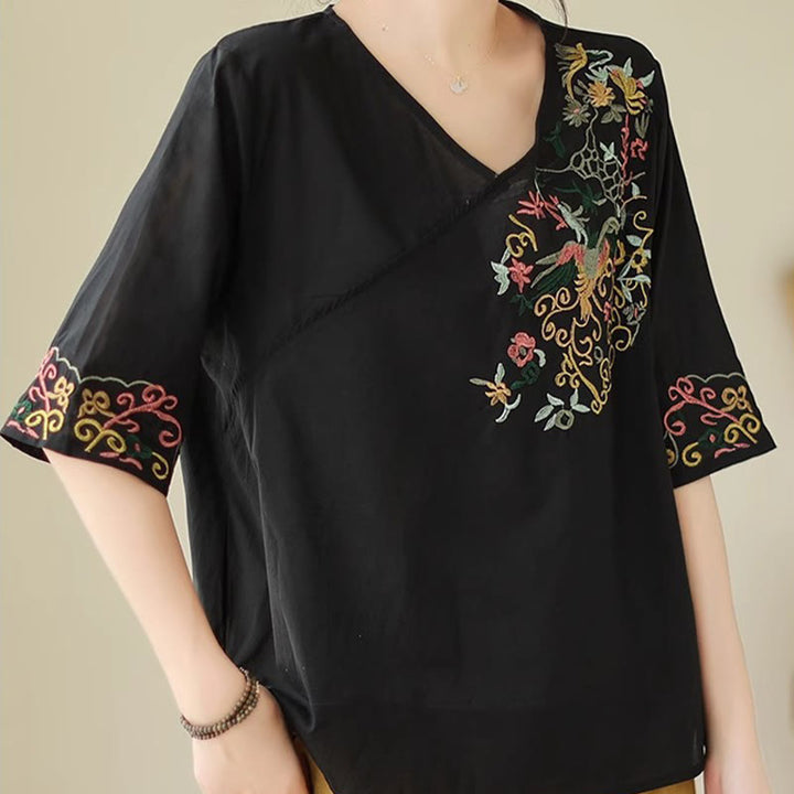 Camiseta de algodón de media manga para mujer con diseño de cuello en V y diseño de Buddha Stones , informal, con bordado colorido, plantas y pájaros - image 15