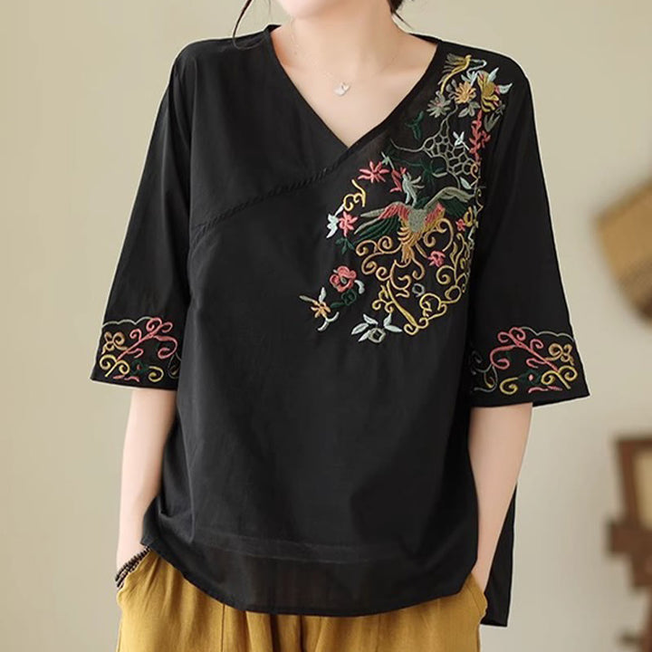Camiseta de algodón de media manga para mujer con diseño de cuello en V y diseño de Buddha Stones , informal, con bordado colorido, plantas y pájaros - image 14