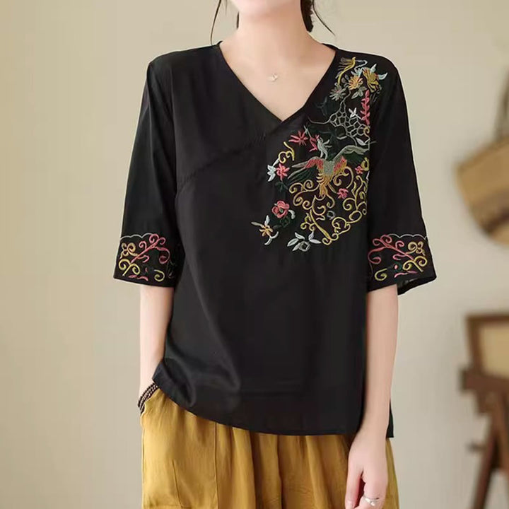 Camiseta de algodón de media manga para mujer con diseño de cuello en V y diseño de Buddha Stones , informal, con bordado colorido, plantas y pájaros - image 13