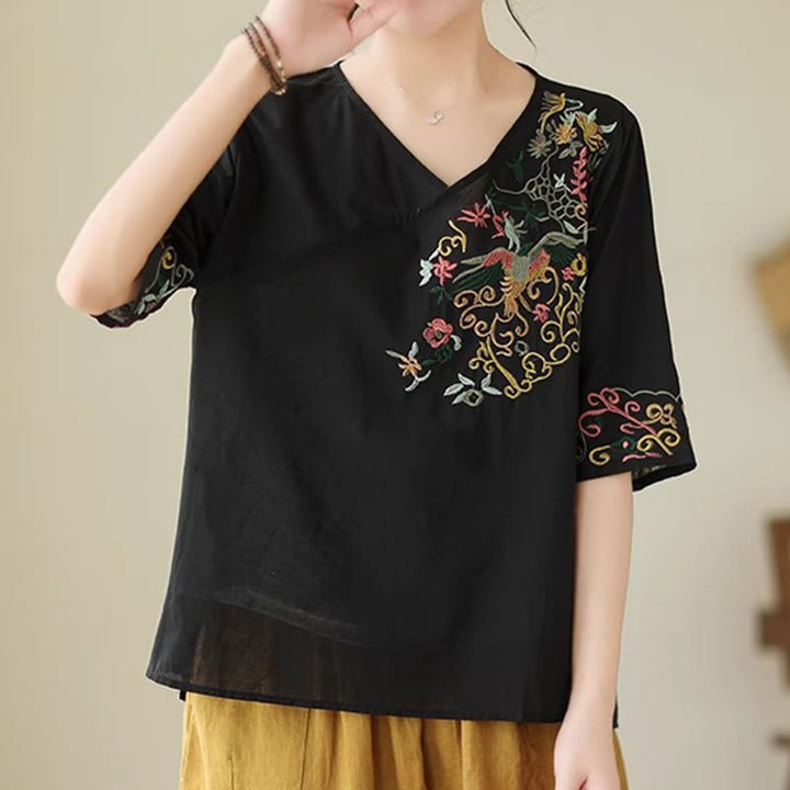 Camiseta de algodón de media manga para mujer con diseño de cuello en V y diseño de Buddha Stones , informal, con bordado colorido, plantas y pájaros - image 12