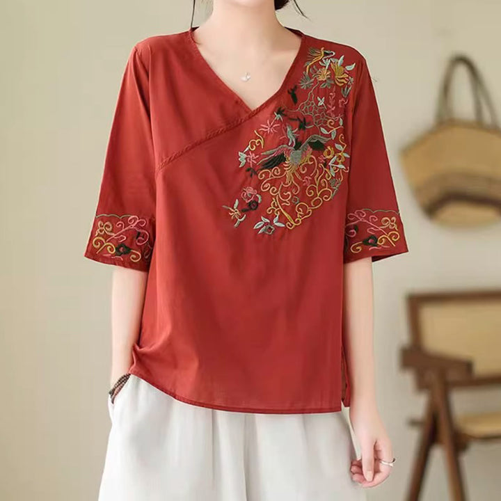 Camiseta de algodón de media manga para mujer con diseño de cuello en V y diseño de Buddha Stones , informal, con bordado colorido, plantas y pájaros - image 17