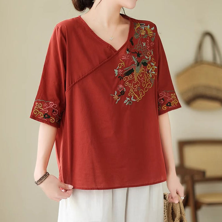 Camiseta de algodón de media manga para mujer con diseño de cuello en V y diseño de Buddha Stones , informal, con bordado colorido, plantas y pájaros - image 18