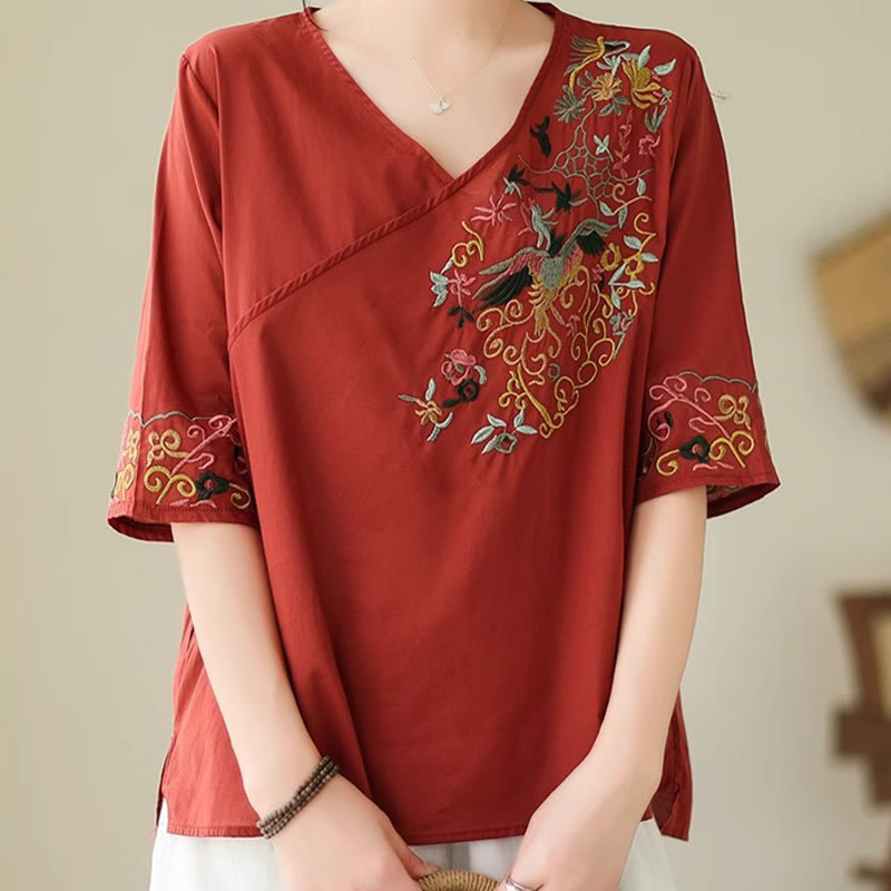 Camiseta de algodón de media manga para mujer con diseño de cuello en V y diseño de Buddha Stones , informal, con bordado colorido, plantas y pájaros - image 19