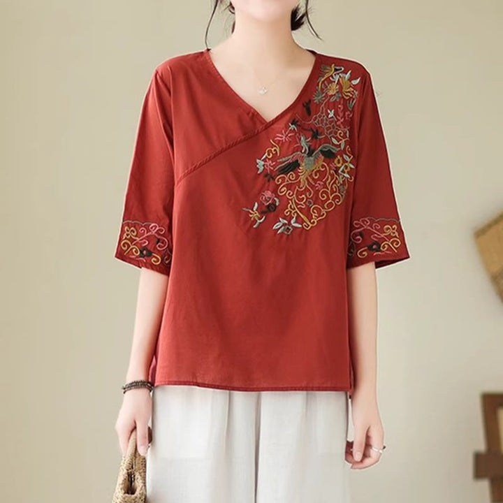Camiseta de algodón de media manga para mujer con diseño de cuello en V y diseño de Buddha Stones , informal, con bordado colorido, plantas y pájaros - Ladrillo refractario - US12, UK/AU16, EU44 (3XL) - image 16