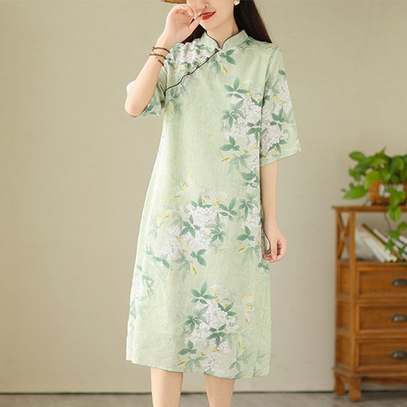 Vestido cheongsam chino de lino y algodón jacquard con estampado floral de Buddha Stones y media manga, con bolsillos - Verde pálido - US8-10，UK/AU12-14，EU40-42 (2XL) - image 0