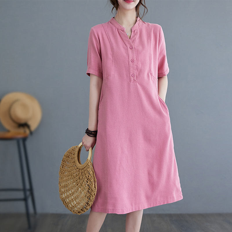 Vestido midi informal de lino y algodón con mangas cortas y bolsillos, con diseño de botones, de color puro y estilo diario, de Buddha Stones - Rosa intenso - US8-10，UK/AU12-14，EU40-42 (2XL) - image 0