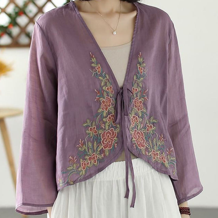 Chaqueta cárdigan informal de manga larga con pétalos bordados y Buddha Stones