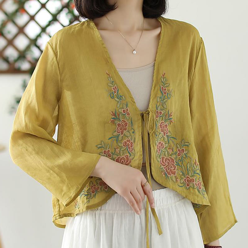 Chaqueta cárdigan informal de manga larga con pétalos bordados y Buddha Stones