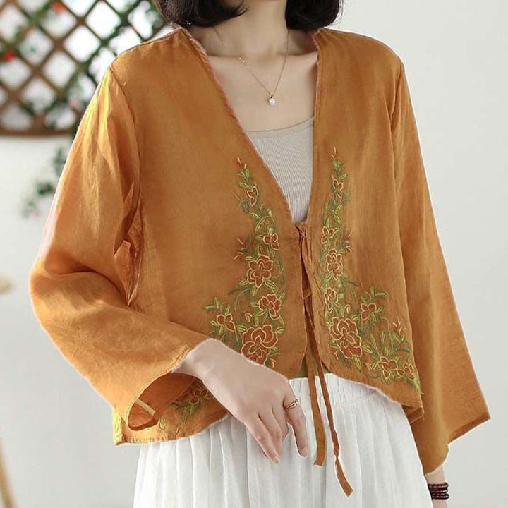 Chaqueta cárdigan informal de manga larga con pétalos bordados y Buddha Stones