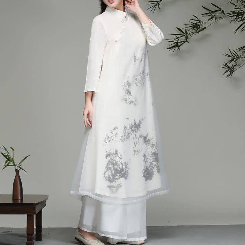 Vestido midi de gasa de manga larga con diseño de rana china y botones de Buddha Stones