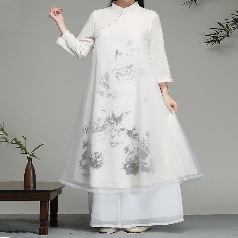 Vestido midi de gasa de manga larga con diseño de rana china y botones de Buddha Stones