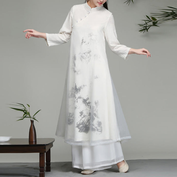Vestido midi de gasa de manga larga con diseño de rana china y botones de Buddha Stones