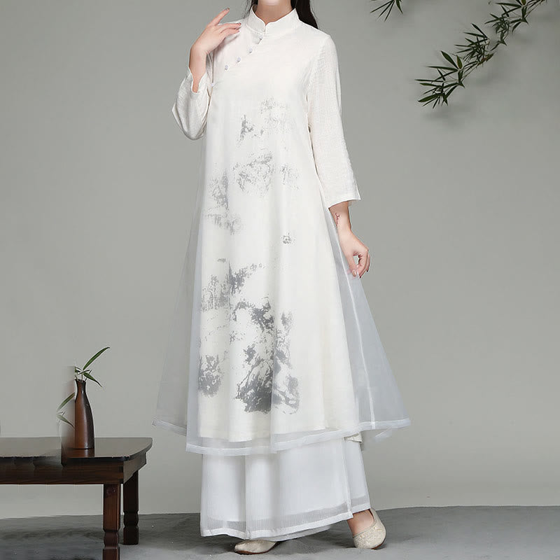 Vestido midi de gasa de manga larga con diseño de rana china y botones de Buddha Stones