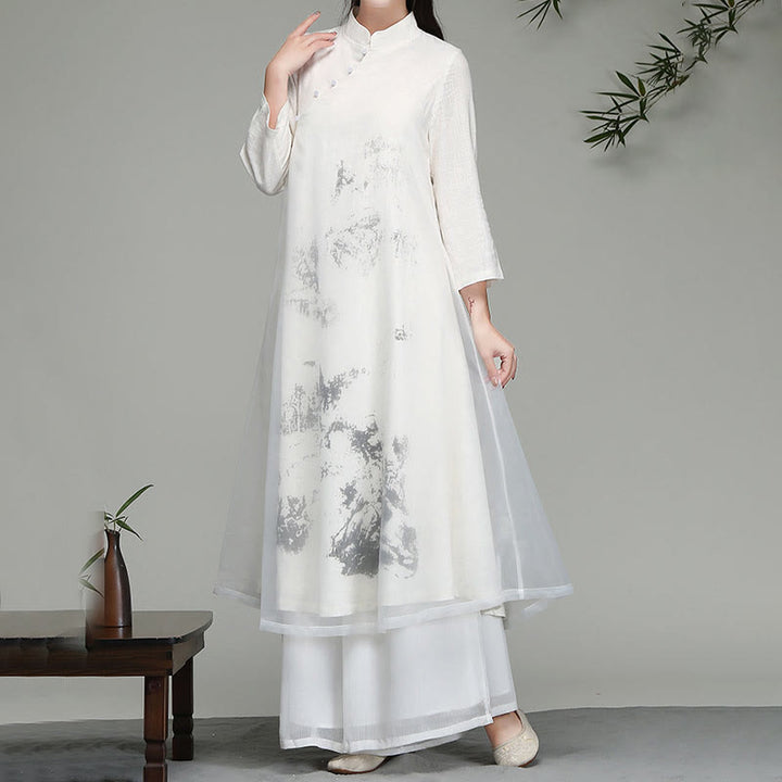 Vestido midi de gasa de manga larga con diseño de rana china y botones de Buddha Stones