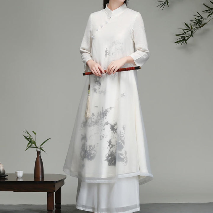Vestido midi de gasa de manga larga con diseño de rana china y botones de Buddha Stones - Blanco - US8-10，UK/AU12-14，EU40-42 (2XL) - image 0