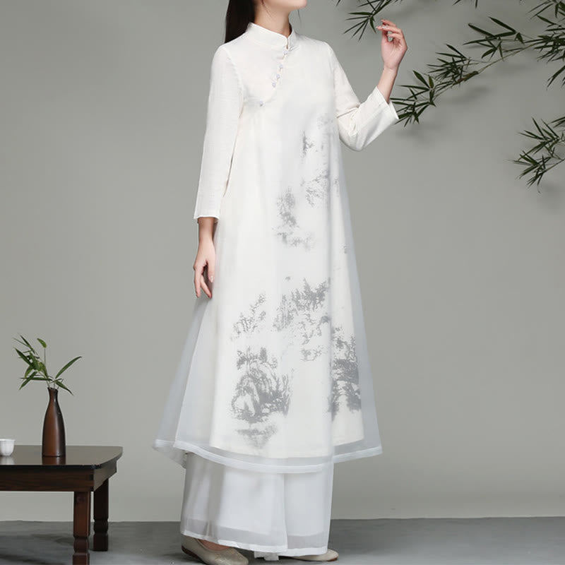 Vestido midi de gasa de manga larga con diseño de rana china y botones de Buddha Stones