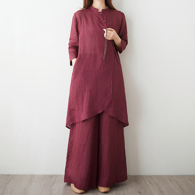 Conjunto de 2 piezas de camisa y pantalón de manga tres cuartos con Buddha Stones para meditación, zen, tai chi, algodón y lino para mujer - IndianRed - US8-10，UK/AU12-14，EU40-42 (2XL) - image 0
