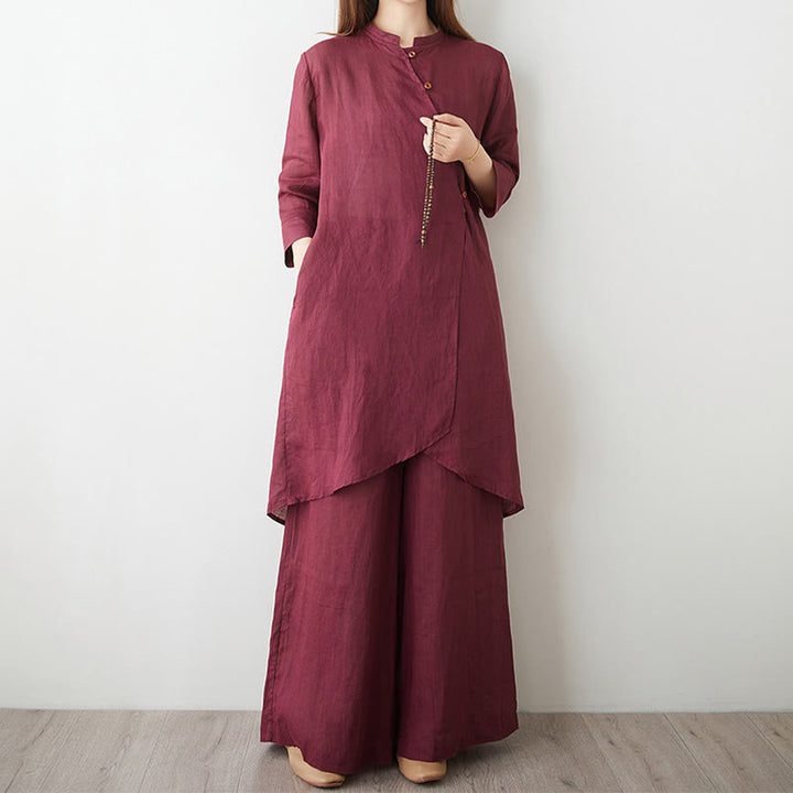 Conjunto de 2 piezas de camisa y pantalón de manga tres cuartos con Buddha Stones para meditación, zen, tai chi, algodón y lino para mujer - IndianRed - US8-10，UK/AU12-14，EU40-42 (2XL) - image 0