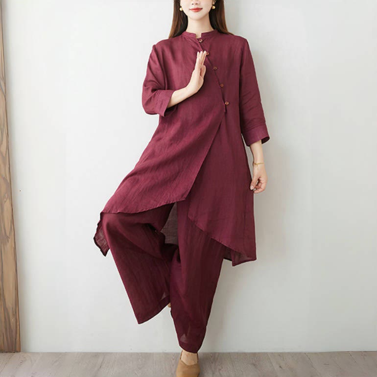 Conjunto de 2 piezas de camisa y pantalón de manga tres cuartos con Buddha Stones para meditación, zen, tai chi, algodón y lino para mujer - image 1