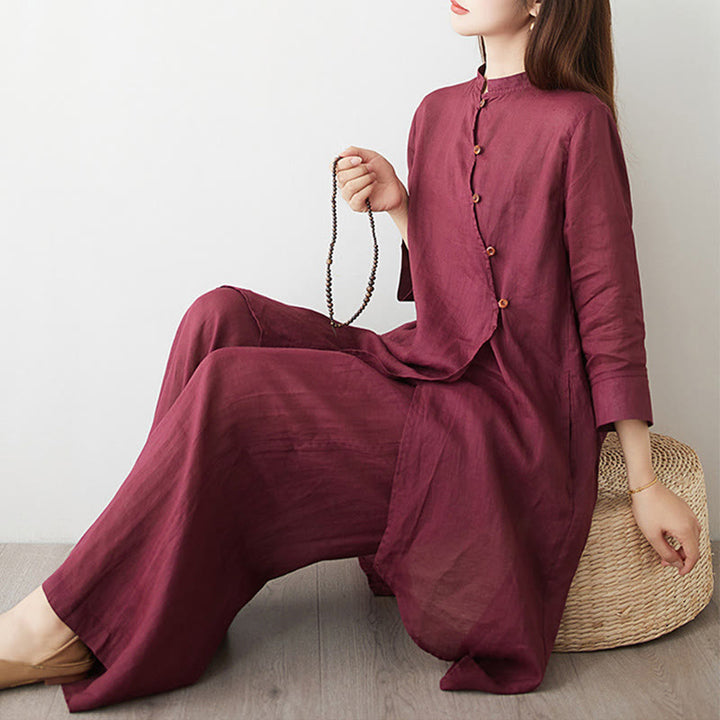 Conjunto de 2 piezas de camisa y pantalón de manga tres cuartos con Buddha Stones para meditación, zen, tai chi, algodón y lino para mujer - image 5