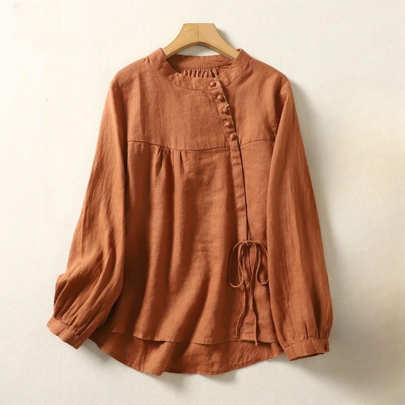 Camisa informal de lino y algodón de manga larga con cuello alto y color liso para mujer con estampado de Buddha Stones - image 2