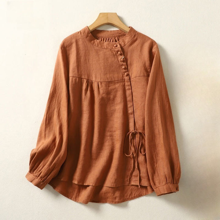 Camisa informal de lino y algodón de manga larga con cuello alto y color liso para mujer con estampado de Buddha Stones - image 2