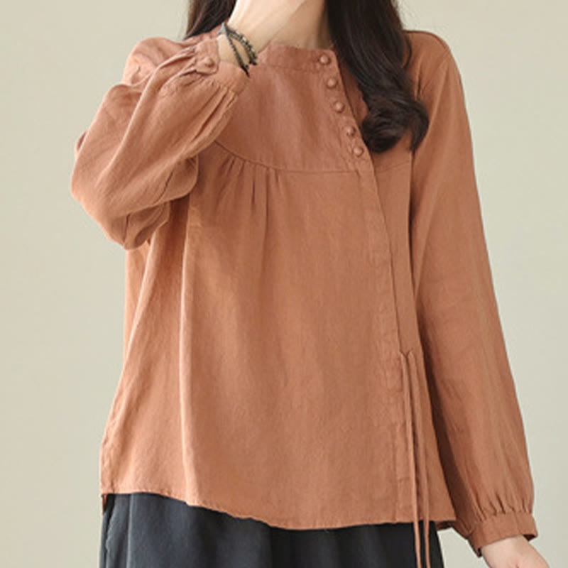 Camisa informal de lino y algodón de manga larga con cuello alto y color liso para mujer con estampado de Buddha Stones - image 6