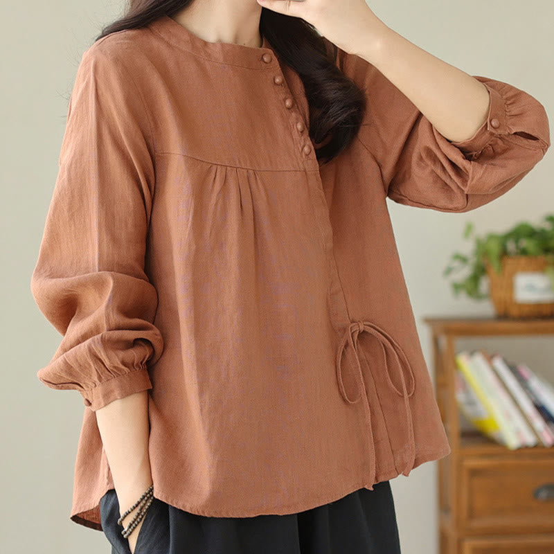 Camisa informal de lino y algodón de manga larga con cuello alto y color liso para mujer con estampado de Buddha Stones - image 7