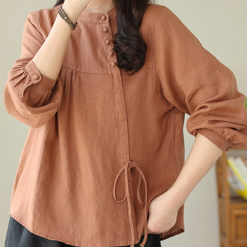 Camisa informal de lino y algodón de manga larga con cuello alto y color liso para mujer con estampado de Buddha Stones - Chocolate - US8-10，UK/AU12-14，EU40-42 (2XL) - image 1