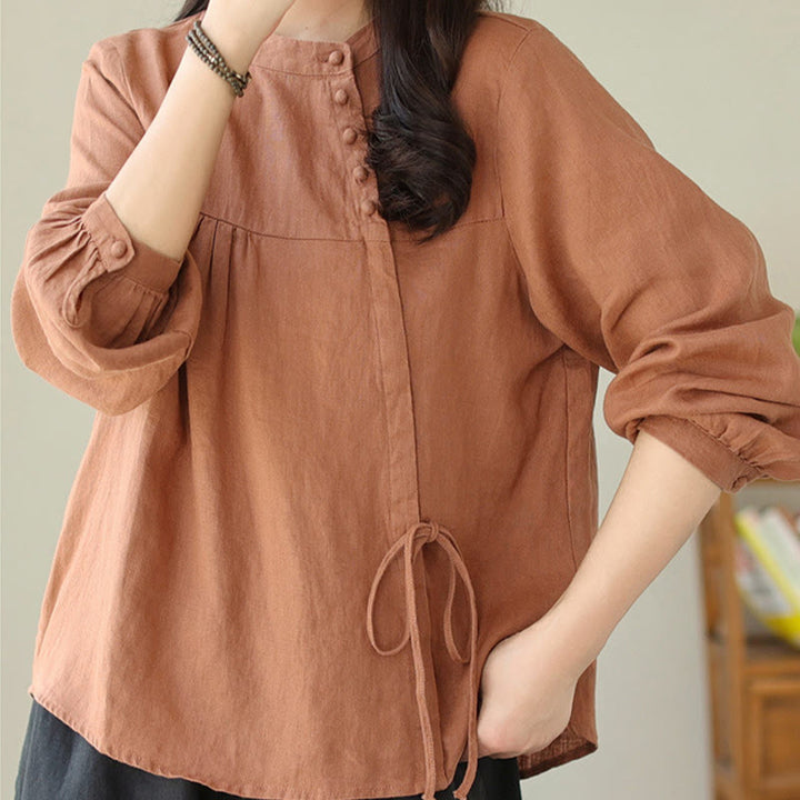 Camisa informal de lino y algodón de manga larga con cuello alto y color liso para mujer con estampado de Buddha Stones - Chocolate - US8-10，UK/AU12-14，EU40-42 (2XL) - image 1