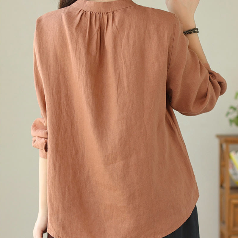 Camisa informal de lino y algodón de manga larga con cuello alto y color liso para mujer con estampado de Buddha Stones - image 5