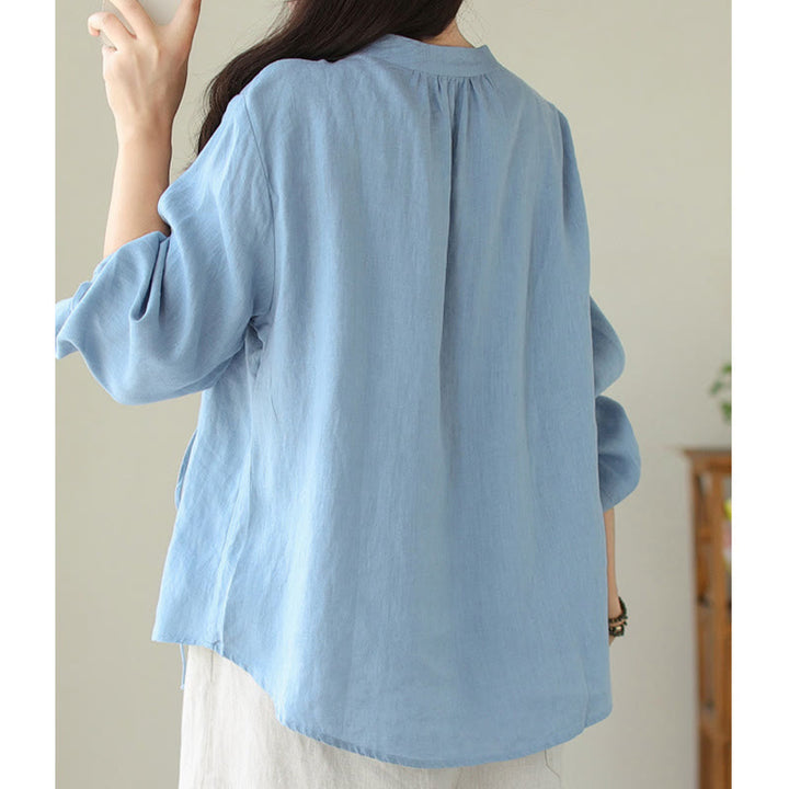 Camisa informal de lino y algodón de manga larga con cuello alto y color liso para mujer con estampado de Buddha Stones - image 13