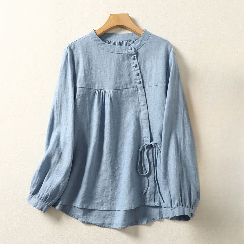 Camisa informal de lino y algodón de manga larga con cuello alto y color liso para mujer con estampado de Buddha Stones - image 9