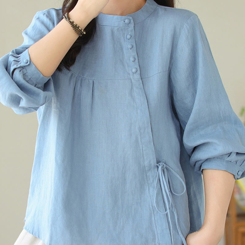 Camisa informal de lino y algodón de manga larga con cuello alto y color liso para mujer con estampado de Buddha Stones - image 11