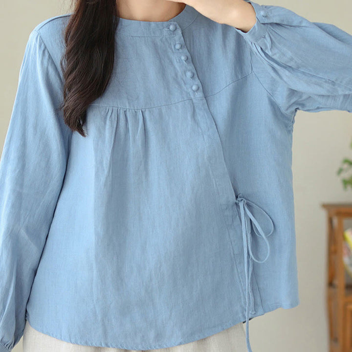 Camisa informal de lino y algodón de manga larga con cuello alto y color liso para mujer con estampado de Buddha Stones - image 14
