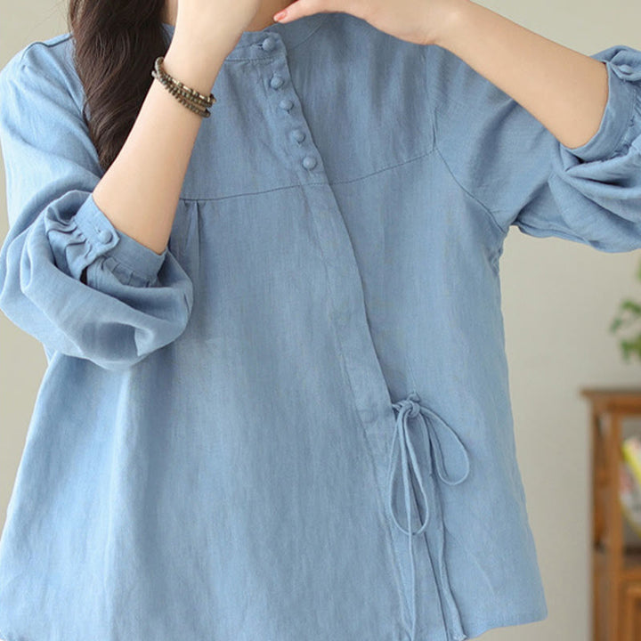 Camisa informal de lino y algodón de manga larga con cuello alto y color liso para mujer con estampado de Buddha Stones - Azul cielo claro - US8-10，UK/AU12-14，EU40-42 (2XL) - image 8