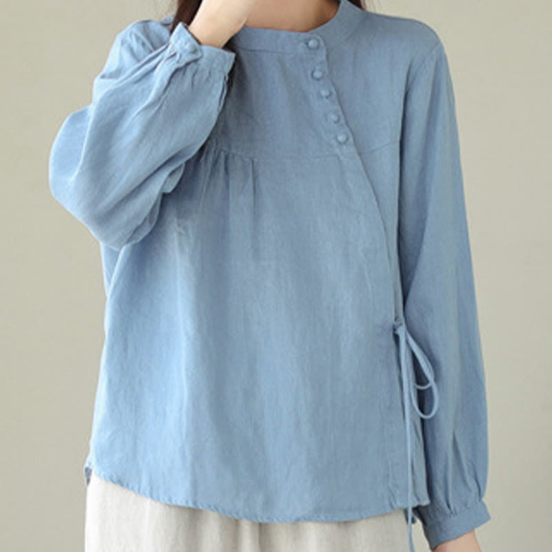Camisa informal de lino y algodón de manga larga con cuello alto y color liso para mujer con estampado de Buddha Stones - image 10