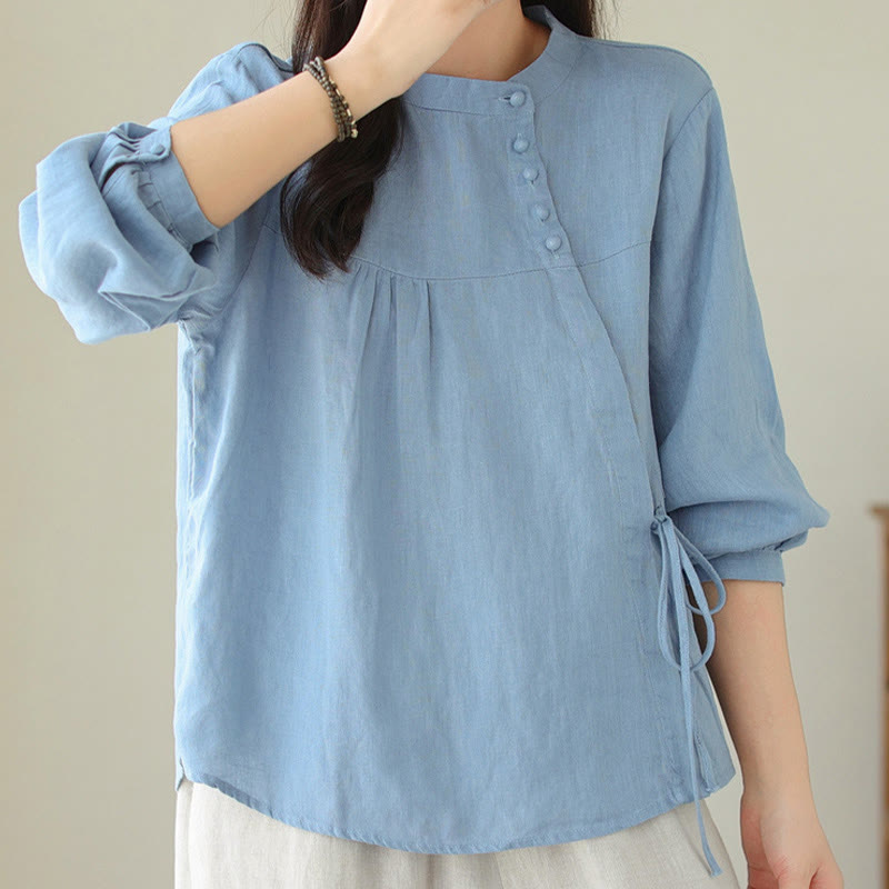 Camisa informal de lino y algodón de manga larga con cuello alto y color liso para mujer con estampado de Buddha Stones - image 12