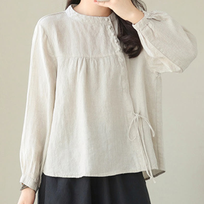 Camisa informal de lino y algodón de manga larga con cuello alto y color liso para mujer con estampado de Buddha Stones - Lino - US8-10，UK/AU12-14，EU40-42 (2XL) - image 15