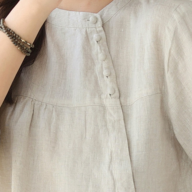 Camisa informal de lino y algodón de manga larga con cuello alto y color liso para mujer con estampado de Buddha Stones - image 21