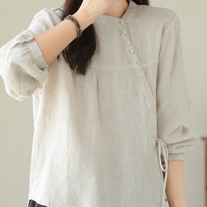 Camisa informal de lino y algodón de manga larga con cuello alto y color liso para mujer con estampado de Buddha Stones - image 18